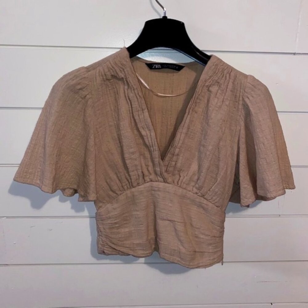 Zara Cotton Crop Top – XS, Cream/Tan, Side Zipper, Ruffle Sleeves